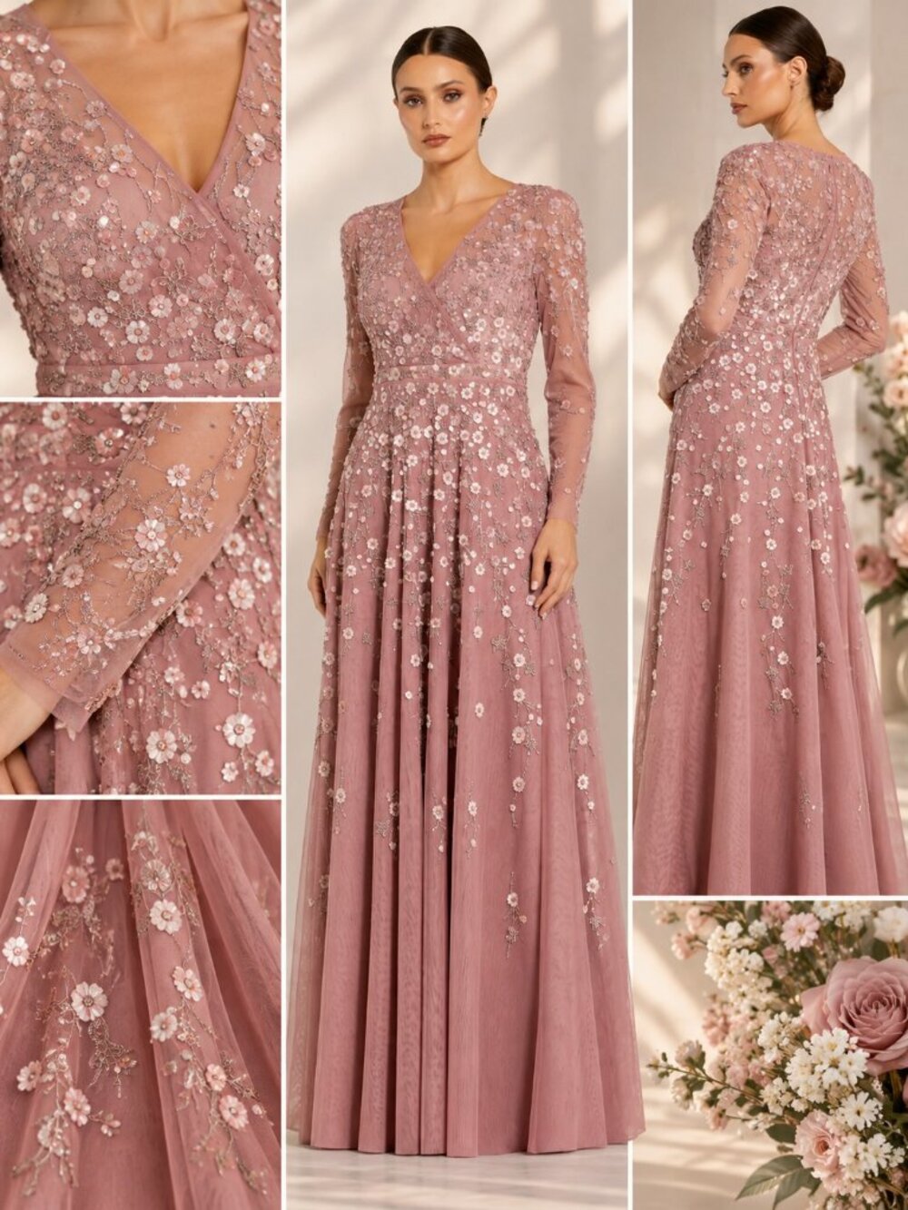 Mac Duggal Size 16 Berry 3D Floral Embellished Long Sleeve Gown NWT